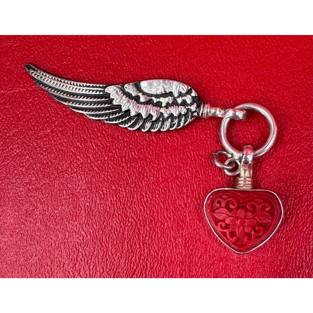 Coreen Cordova Sterling Red Cinnabar Heart Silver Plate Right Angel Wing Charm